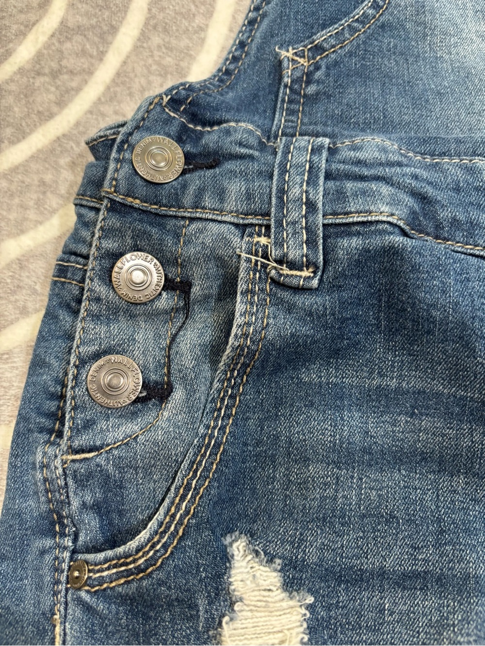 Wallflower Romper, Denim Overalls, Distressed, Jean Shorts, Medium, M, Blue - Picture 5 of 9
